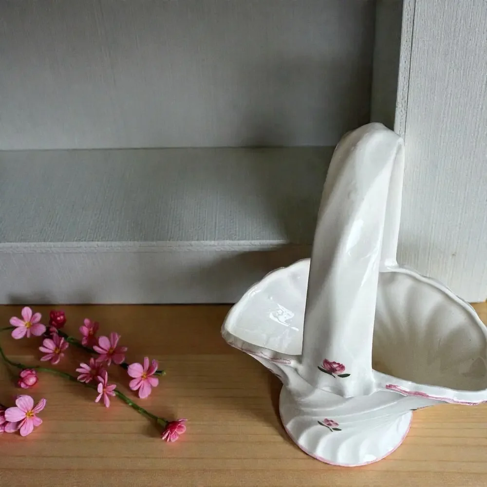 Vintage CMC Japan Ceramic Basket White Hand-Painted Pink Roses Grandmillennial
